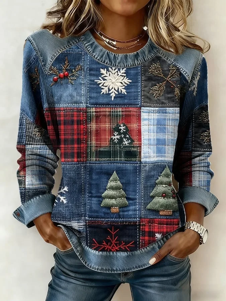 

Women Christmas Crew Neck Printing Vintage Spring/Fall Long Sleeve Sweatshirt, Blue, Sweatshirts & Hoodies