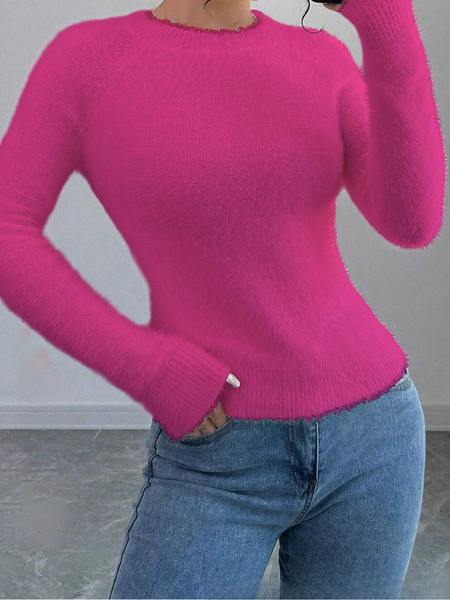 

Women Plain Split Joint Winter Casual Long Sleeve Crew Neck Sweater, Deep pink, Sweaters