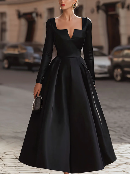 

Elegant Plain Ruched V Neck Midi Dress, Black, Maxi Dresses