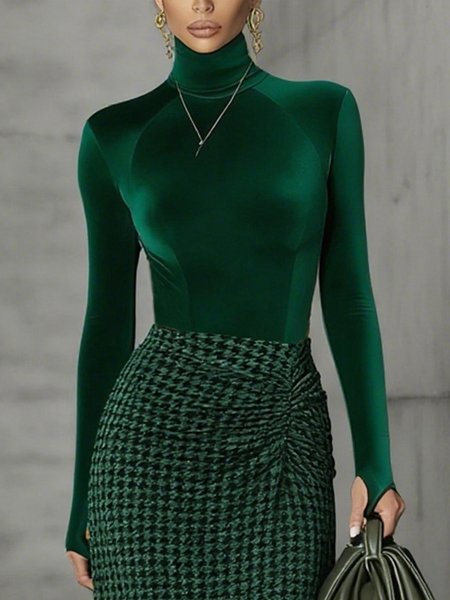 

Plus Size Velvet Urban Plain Turtleneck Regular Sleeve T-shirt, Green, Plus Tops