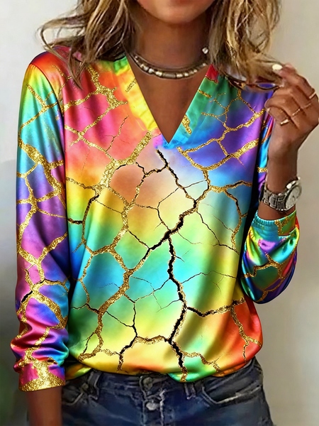 

Casual Geometric V Neck Long Sleeve T-shirt, As picture, T-shirts
