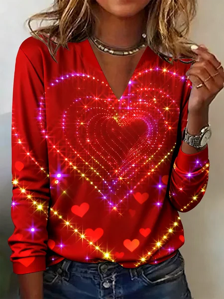 

Casual Gradient Pattern V Neck Long Sleeve T-shirt, Red, T-shirts