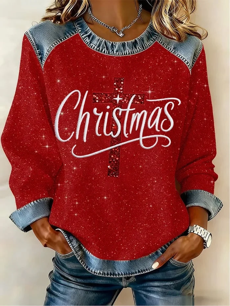 

Women Christmas Crew Neck Printing Vintage Spring/Fall Long Sleeve Sweatshirt, Red, Sweatshirts & Hoodies