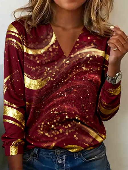 

Casual Striped V Neck Long Sleeve T-shirt, Wine red, T-shirts