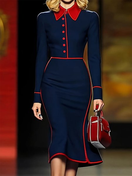 

Elegant Color Block Buttoned Shawl Collar Knee Length Dress, Deep blue, Midi Dresses