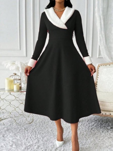 

Women Plain Spring/Fall Split Joint Dress V Neck Long Sleeve Tank A-Line Dress, Black, Dresses
