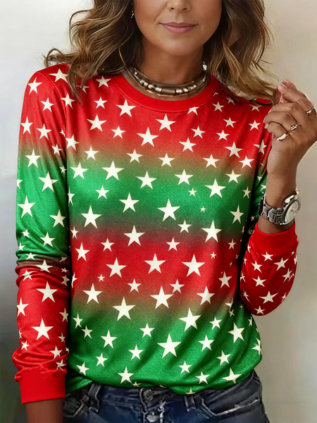 

Vintage Color Block Crew Neck Long Sleeve T-shirt, As picture, T-shirts