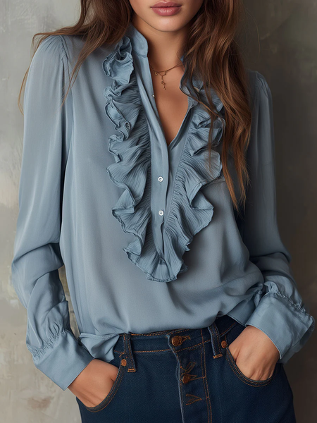 

Chiffon Urban Plain Peplum V Neck Blouse, Blue, Blouses and Shirts