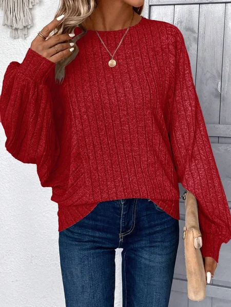 

Women Plain Crew Neck Elegant Long Sleeve T-shirt, Wine red, Long Sleeves