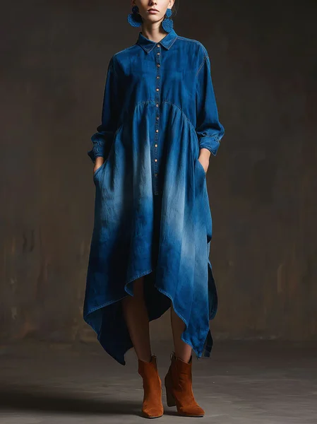 

Casual Ombre Buttoned Shawl Collar Midi Dress, Blue, Midi Dresses