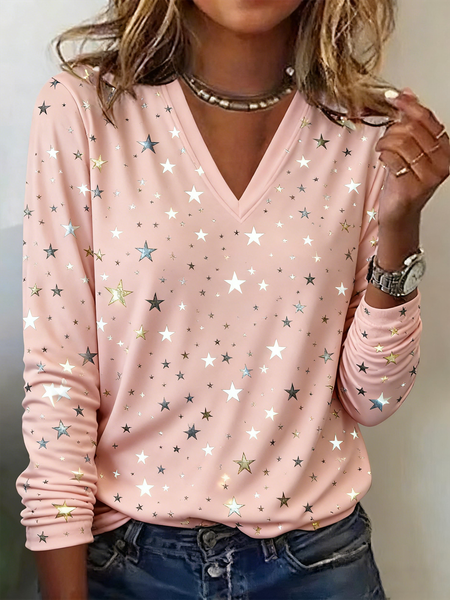 

Casual Star V Neck Long Sleeve T-shirt, Pink, T-shirts