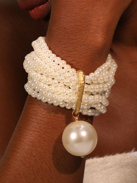 

Multi-layered beaded artificial crystal bracelet with large pearl pendant., White, Bracelets