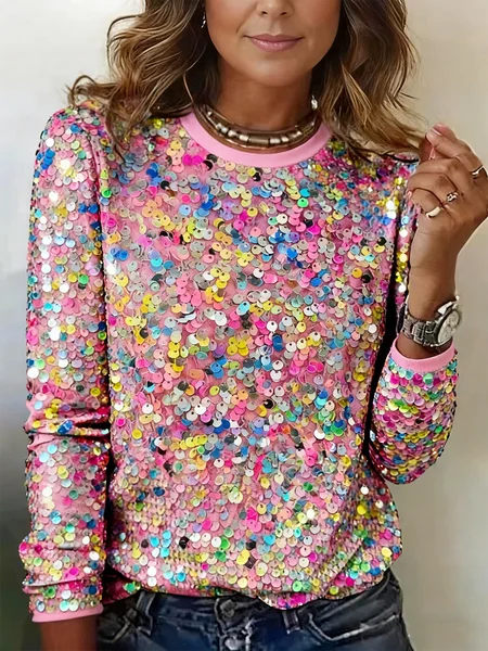 

Vintage Starry Sky Crew Neck Long Sleeve T-shirt, Pink, T-shirts