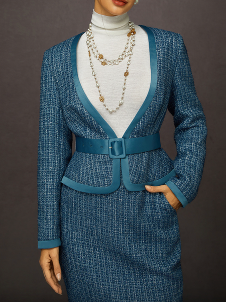 

Elegant Tweed Blazer Set - Classic Suit for Social Occasions, Blue, Jackets