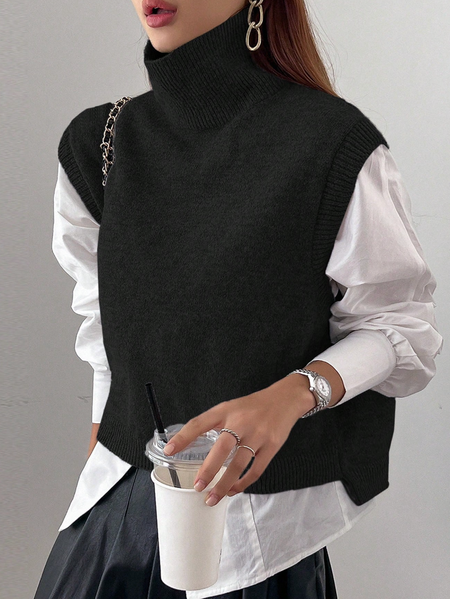 

Urban Plain Mock Neck Sweater No Shirt, Black, Pullovers