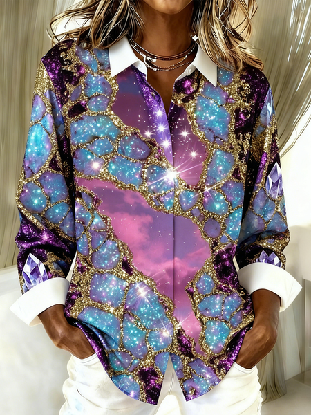 

Shirt Collar Long Sleeve Geometric Regular Loose Shirt For Women, Purple, Shirts