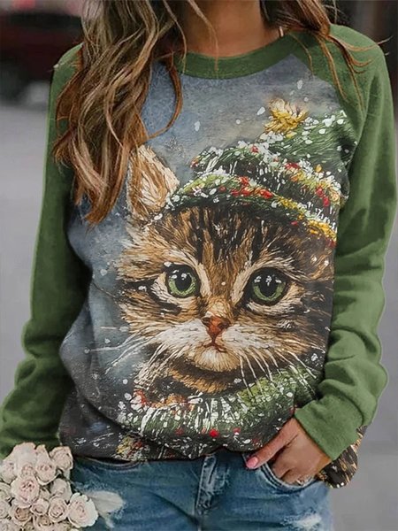 

Casual Crew Neck Color Block Sweatshirt Printing, Dark green, Hoodies & Sweatshirts