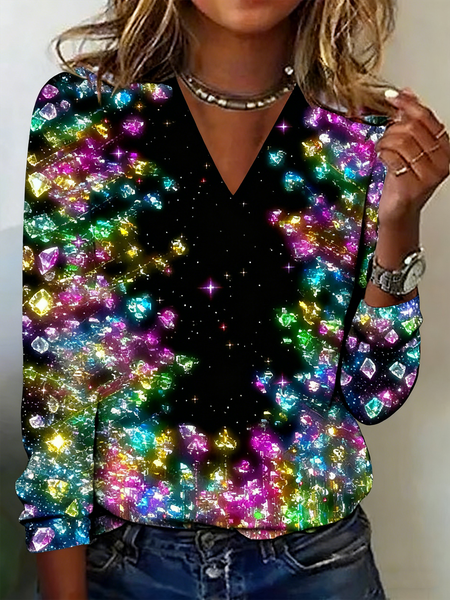 

Casual Gradient Pattern V Neck Long Sleeve T-shirt, Black, T-shirts