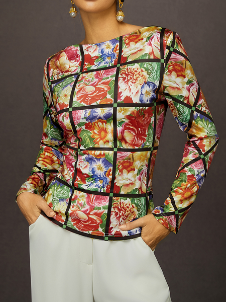 

Floral Fitted Top - Elegant Blouse for Social Occasions, As picture, Tees