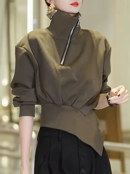 

Casual Plain Irregular Craftsmanship Turtleneck Sweatshirt, As picture, Hoodies and Sweatshirts