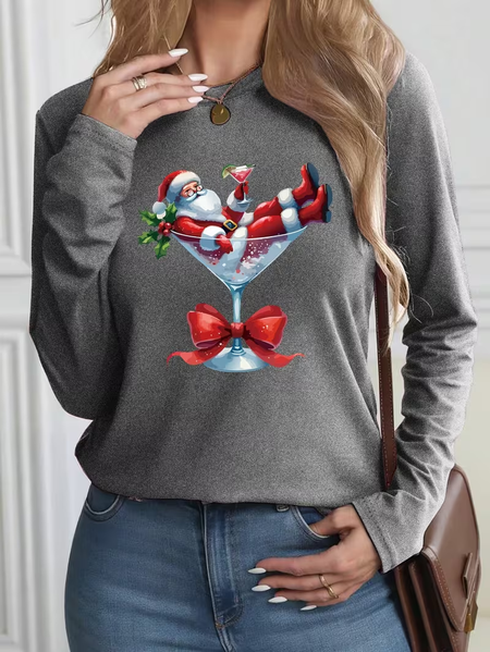 

Women Santa Claus Long Sleeve Tee T-shirt Crew Neck Printing Casual Spring/Fall Graphic Tee Top, Gray, T-Shirts