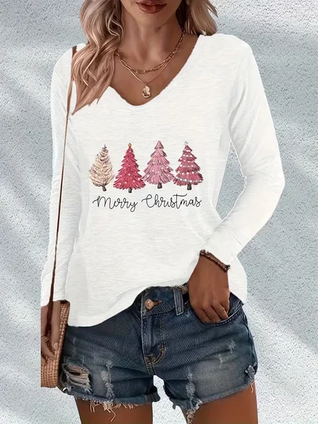 

Women Christmas Long Sleeve Tee T-shirt V Neck Printing Casual Spring/Fall Graphic Tee Top, White, T-Shirts