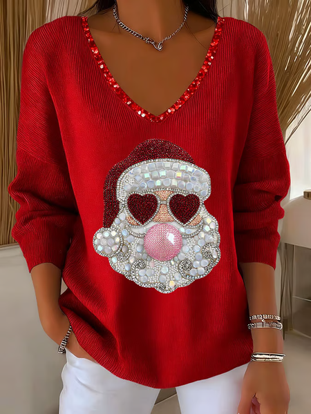 

Casual Santa Claus V Neck Long Sleeve T-shirt, Red, T-shirts