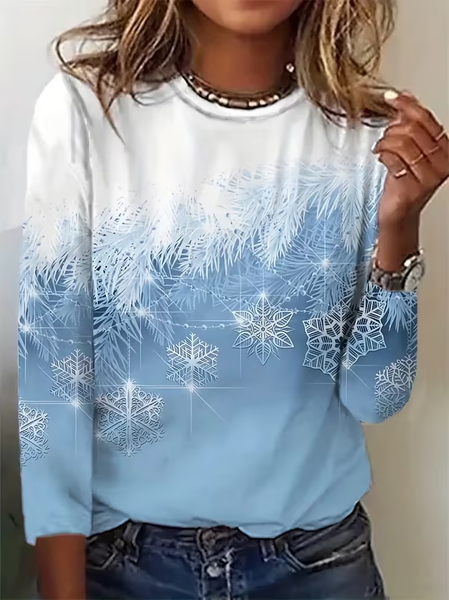 

Women Christmas Long Sleeve Tee T-shirt Crew Neck Printing Casual Spring/Fall Graphic Tee Top, Blue, T-Shirts
