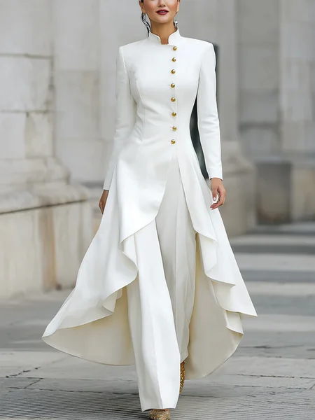 

Urban Buttoned Plain Stand Collar Coat, White, Coats