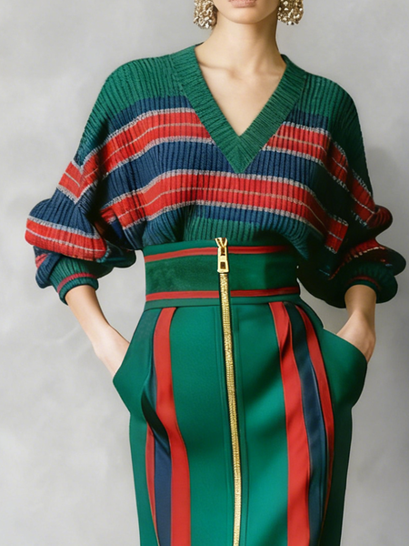 

Urban Striped V Neck Sweater, Green, Pullovers