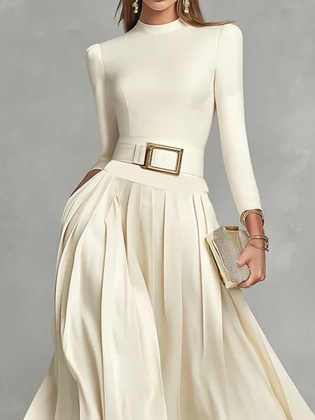 

Urban Plain Stand Collar T-shirt With Belt, Apricot, Tees