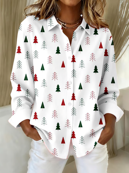 

Shirt Collar Regular Sleeve Long Sleeve Christmas Buckle Regular Loose Button Up Shirt Shirt For Women, White, Shirts