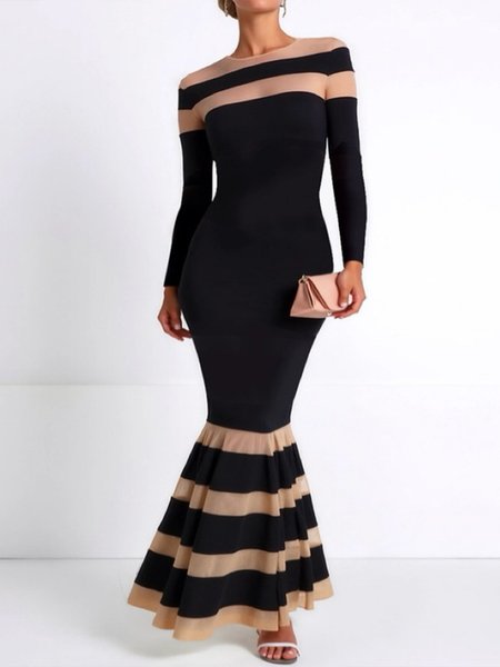 

Elegant Plain Split Joint Crew Neck Mermaid Maxi Dress, Black, Maxi Dresses