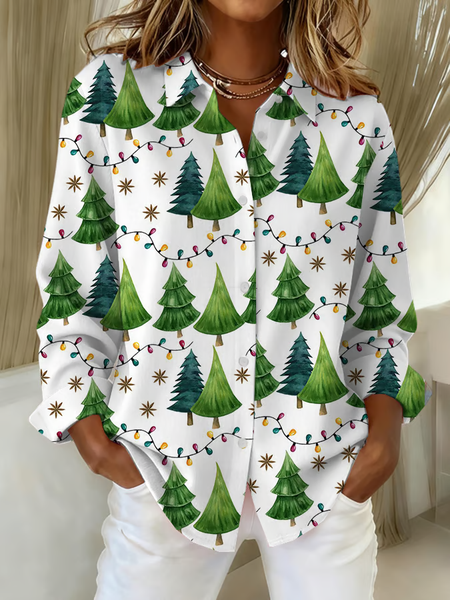

Shirt Collar Regular Sleeve Long Sleeve Christmas Buckle Regular Loose Button Up Shirt Shirt For Women, White, Shirts