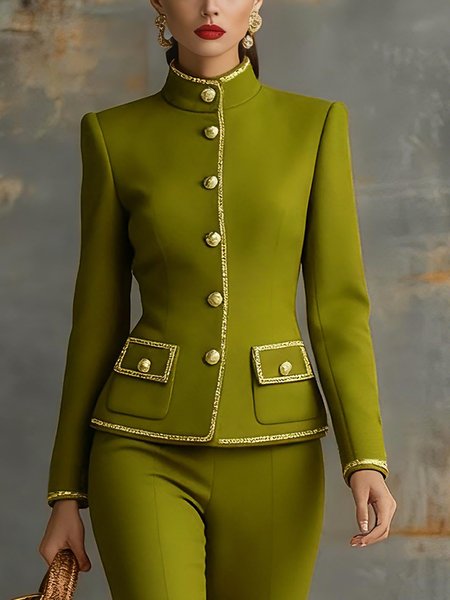 

Elegant Webbing Plain Stand Collar Jacket, Green, Jackets