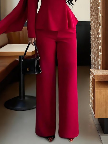 

Elegant Plain Straight Pants, Red, Pants