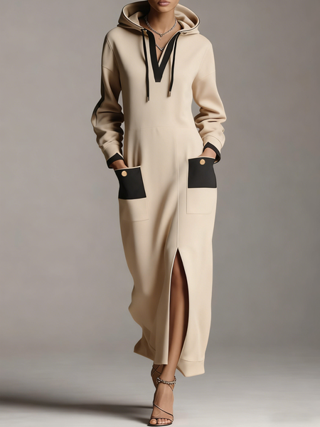 

Casual Color Block Slit Hoodie Maxi Dress, Apricot, Maxi Dresses