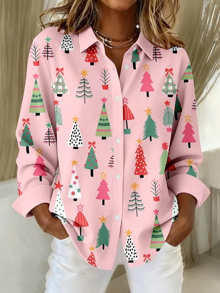 

Women Christmas Long Sleeve Shirt Spring/Fall Buckle Shirt Collar Regular Sleeve Daily Casual Top, Pink, Shirts
