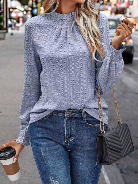 

Elegant Plain Stand Collar Long Sleeve T-shirt, Blue purple, T-shirts