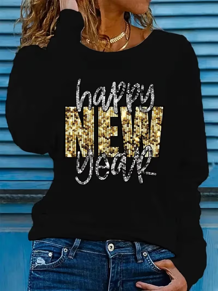 

Casual Text Letters Crew Neck Long Sleeve T-shirt, Black, T-shirts