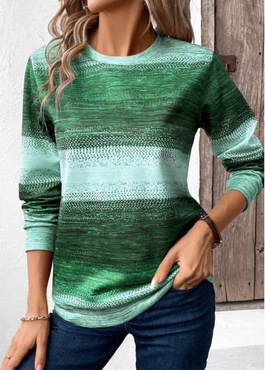 

Vintage Striped Crew Neck Long Sleeve T-shirt, Green, T-shirts