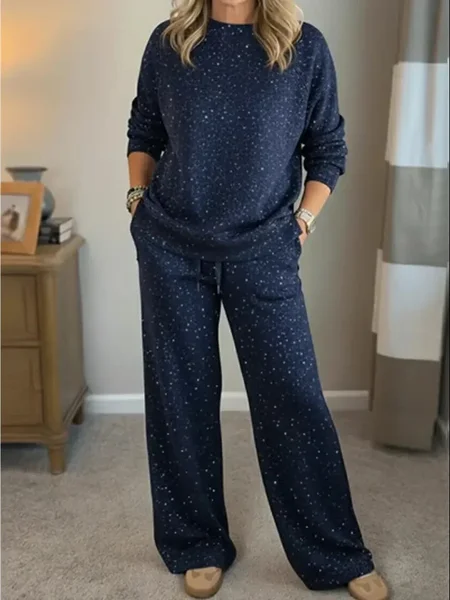 

Women Plain Glitter Two-Piece Set Daily Long Sleeve Casual Spring/Fall Top With Pants Matching Set, Deep blue, Suit Set