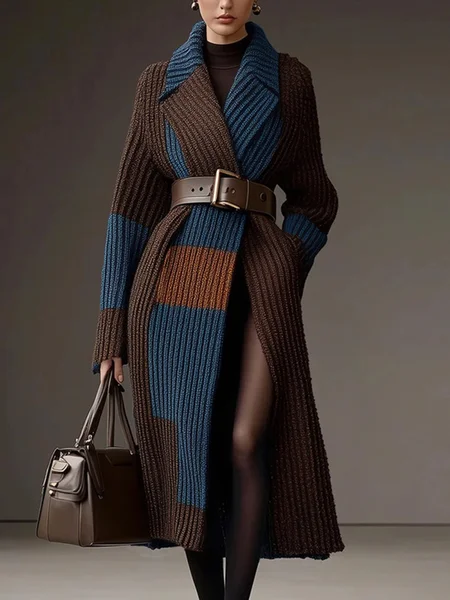 Casual Color Block Lapel Collar Sweater Cardigan With Belt