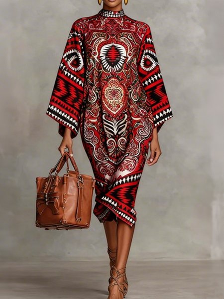 

Urban Ethnic Printing Stand Collar Midi Dress, Red, Midi Dresses