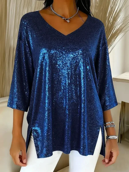 

Elegant Plain V Neck Extra-long Sleeve T-shirt, Blue, T-shirts