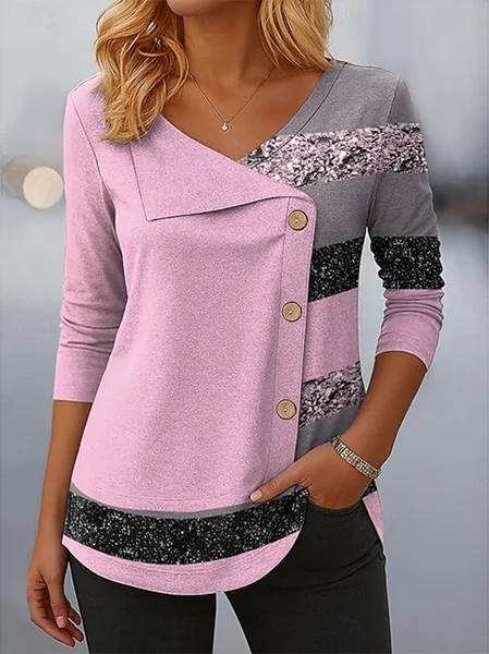

Women Abstract Stripes Long Sleeve Tee T-shirt V Neck Printing Casual Spring/Fall Top, Pink, T-Shirts