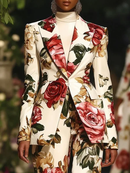 

Urban Printing Floral Lapel Collar Blazer, As picture, Blazers