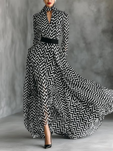 

Urban Geometric Printing Stand Collar Maxi Dress, Black-white, Maxi Dresses