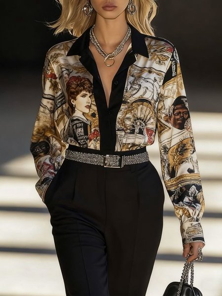 

Urban Abstract Printing Shirt Collar Shirt, As picture, Blouses and Shirts