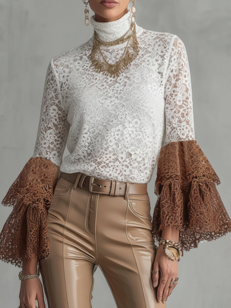 

Lace Elegant Color Block Turtleneck Blouse, White, Blouses and Shirts